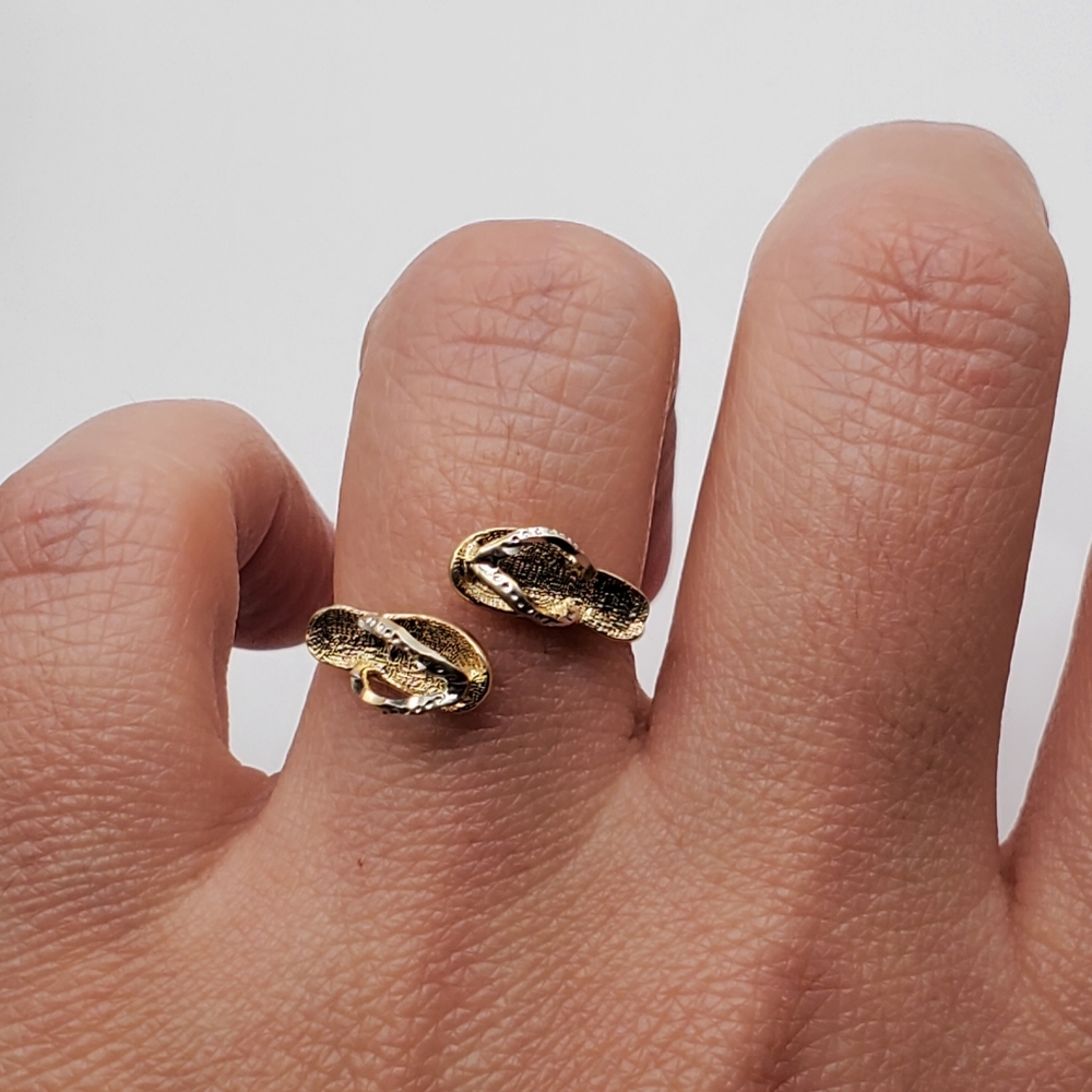 10k Solid Yellow & White Gold Double Flip Flip Beach Sandal Ring - Picture 5 of 8